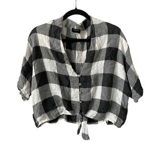Storia Buffalo Plaid Tie Front Crop Top Small Black White Excellent Boho Button
